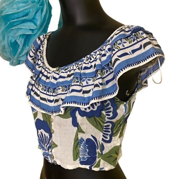 NEW Rachel Zoe Blue Floral Print Ruffle Off Shoulder Blouse Size Medium - Picture 3 of 6